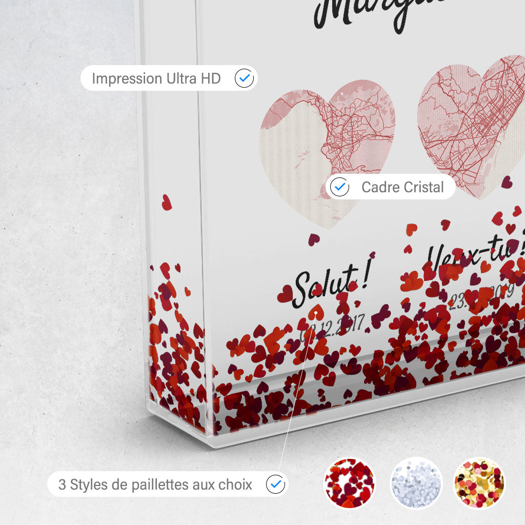 Cadre photo Personnalisé Couple, Dates et lieux de rencontre, prénoms, mariage, carte, map
