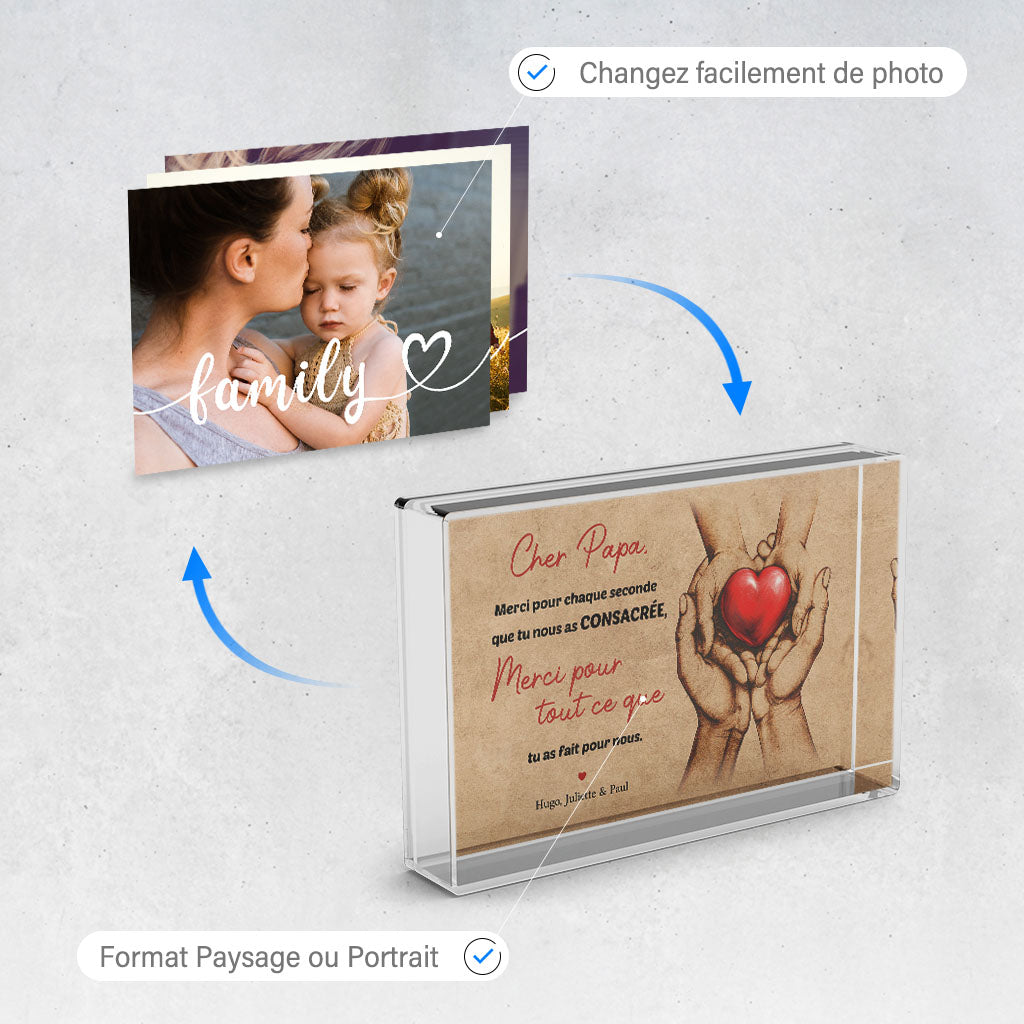 Cadre photo personnalisé Famille Cœur à offrir à Papa, Maman, Père, Mère et enfants, Prénom