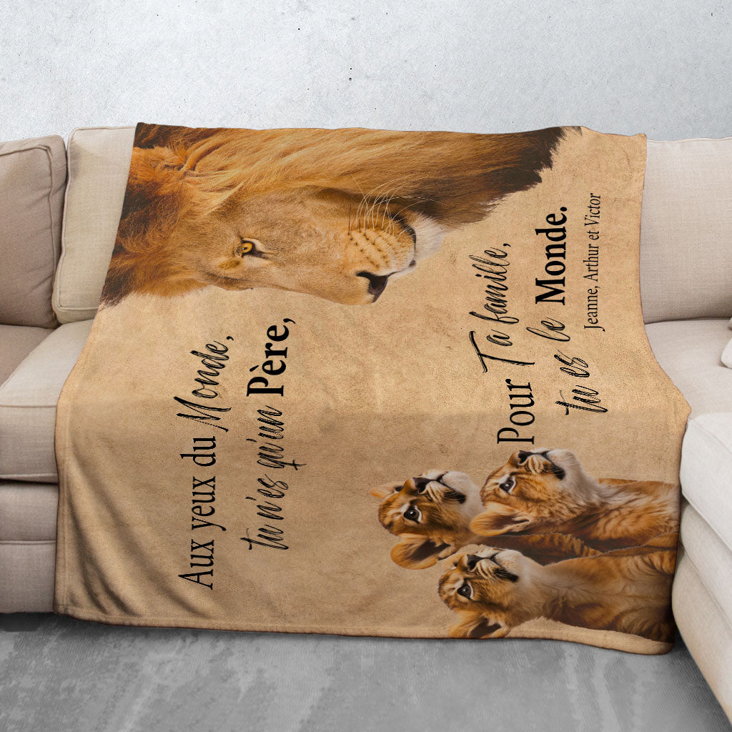 Plaid personnalisé Famille Lion du monde, Père, Papa et enfants, Prénom