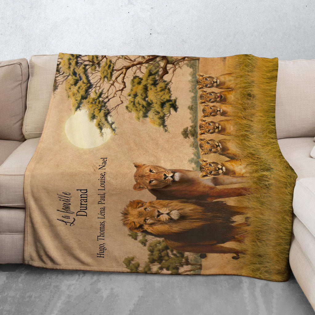 Plaid personnalisé Famille Lions, Père, Mère, Papa, Maman et enfants, Prénoms