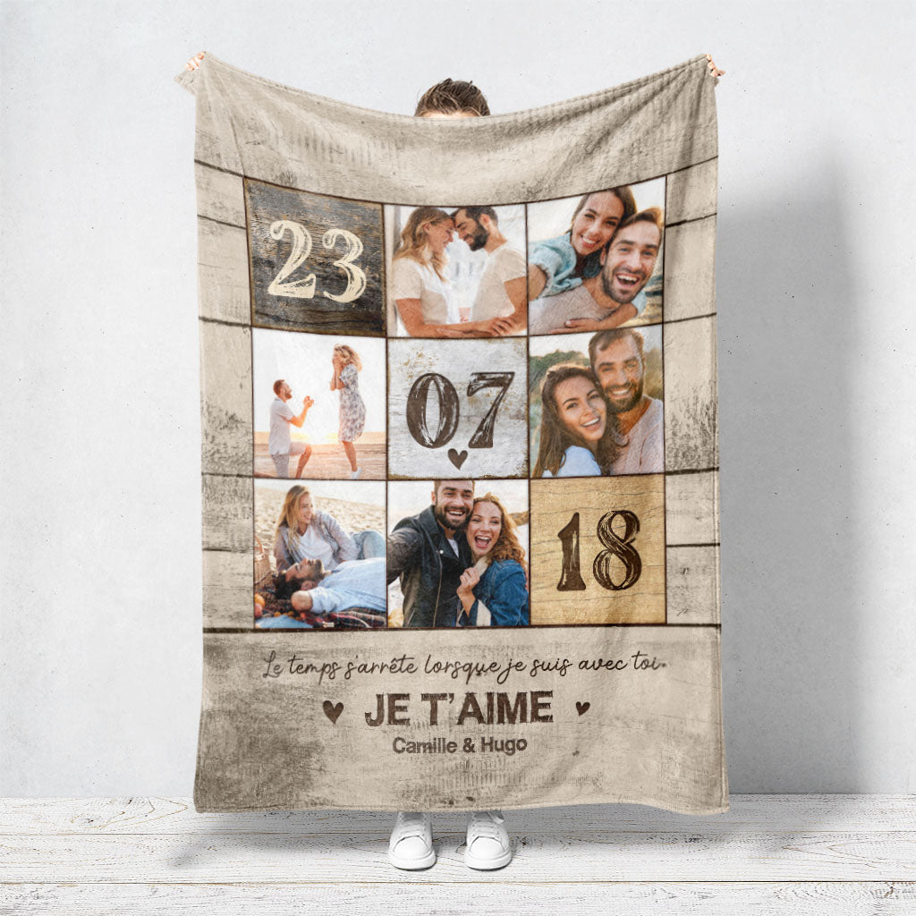 Plaid personnalisé photo couple, Date rencontre, mariage, prénoms, bois