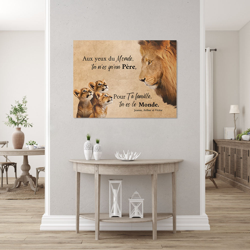 Affiche personnalisée Famille Lion du monde, Père, Papa et enfants, Prénom