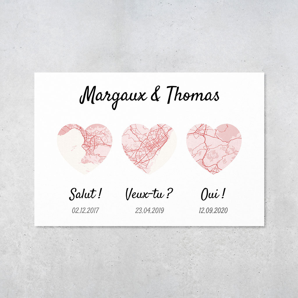 Affiche Couple Personnalisée, Dates et lieux de rencontre, prénoms, mariage, carte, map