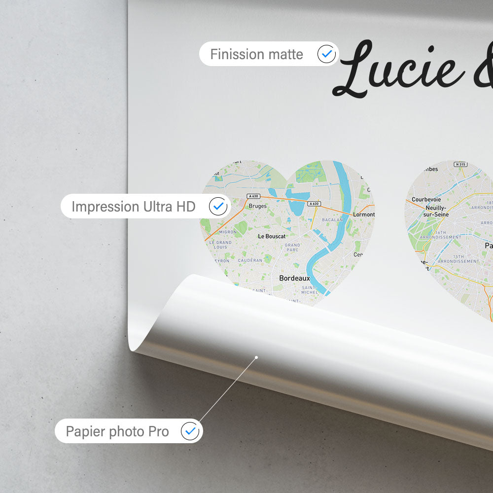 Affiche Couple Personnalisée, Dates et lieux de rencontre, prénoms, mariage, carte, map