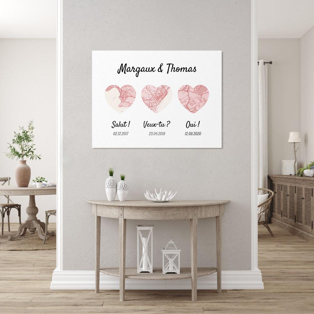 Affiche Couple Personnalisée, Dates et lieux de rencontre, prénoms, mariage, carte, map