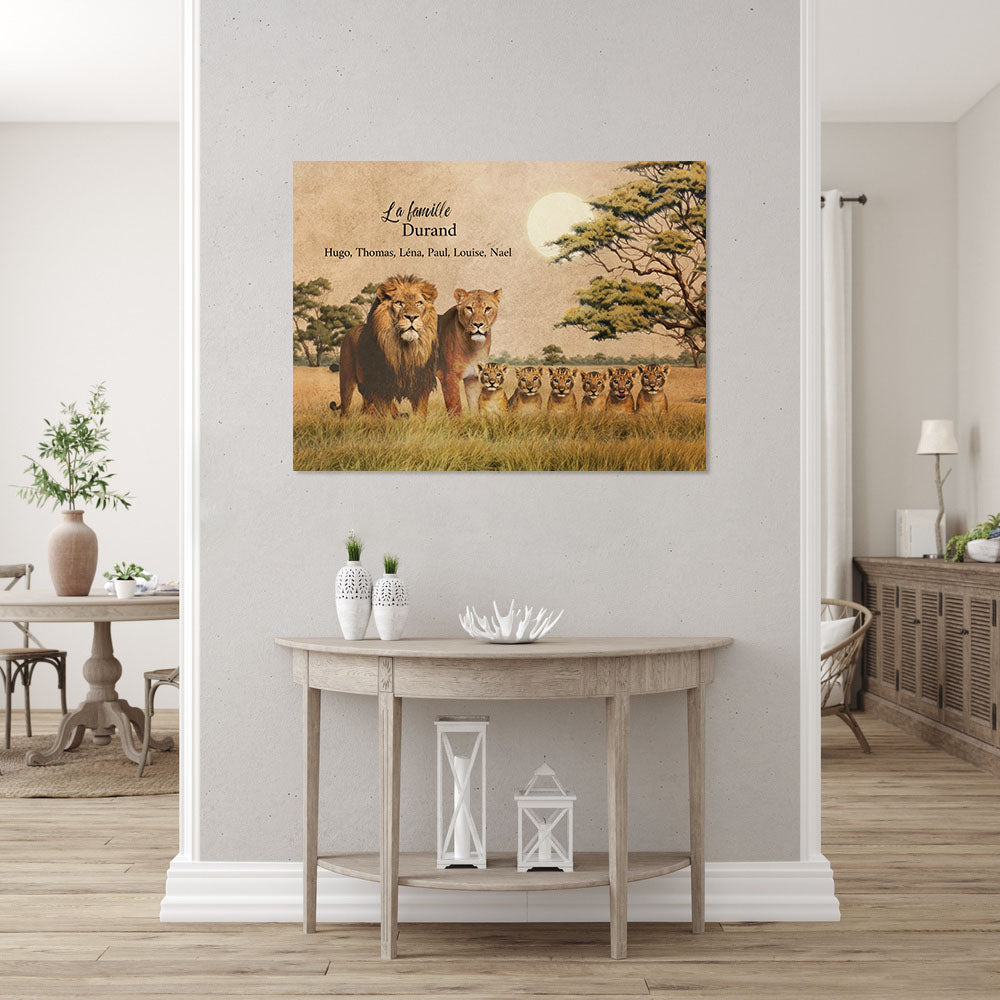 Affiche personnalisée Famille Lions, Père, Mère, Papa, Maman et enfants, Prénoms