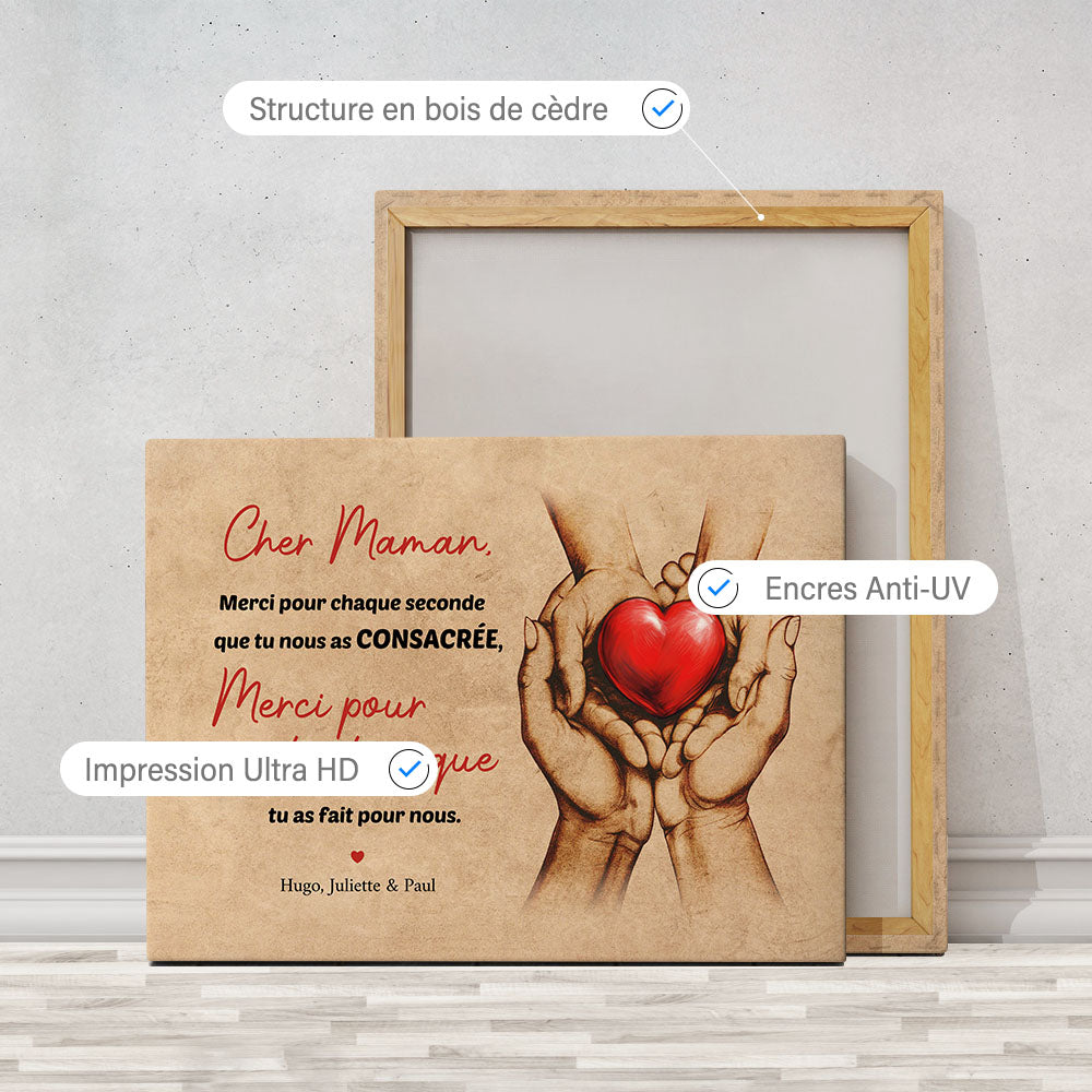 Tableau personnalisé Famille Cœur à offrir à Papa, Maman, Père, Mère et enfants, Prénom