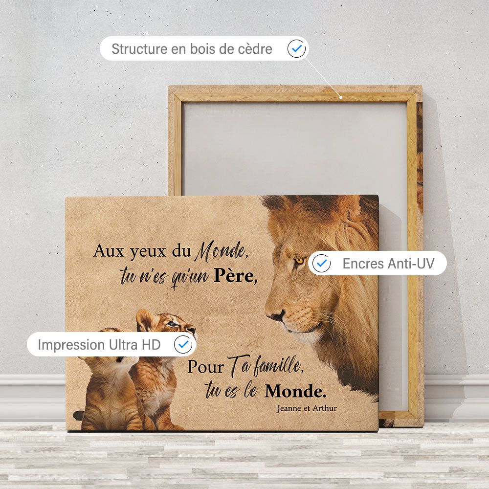 Tableau personnalisé Famille Lion du monde, Père, Papa et enfants, Prénom
