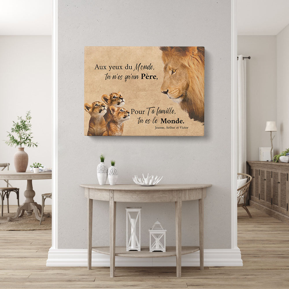 Tableau personnalisé Famille Lion du monde, Père, Papa et enfants, Prénom
