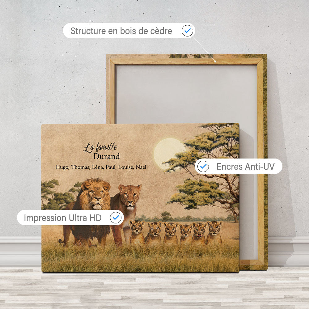 Tableau personnalisé Famille Lions, Père, Mère, Papa, Maman et enfants, Prénoms