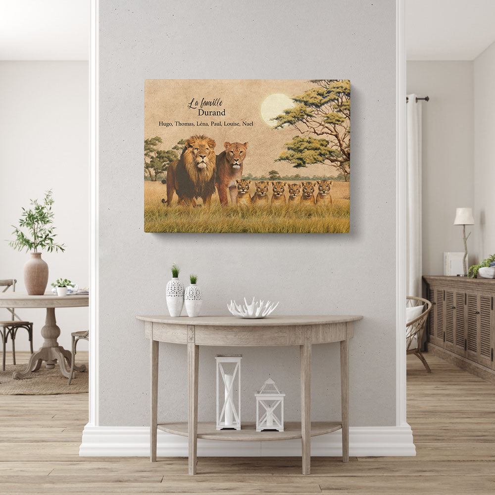 Tableau personnalisé Famille Lions, Père, Mère, Papa, Maman et enfants, Prénoms