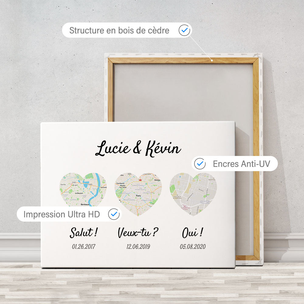 Tableau couple personnalisé, Dates et lieux de rencontre, prénoms, mariage, carte, map