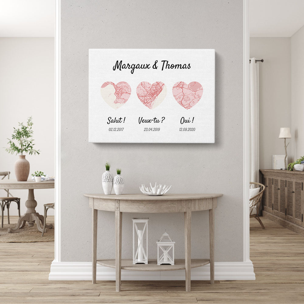 Tableau couple personnalisé, Dates et lieux de rencontre, prénoms, mariage, carte, map