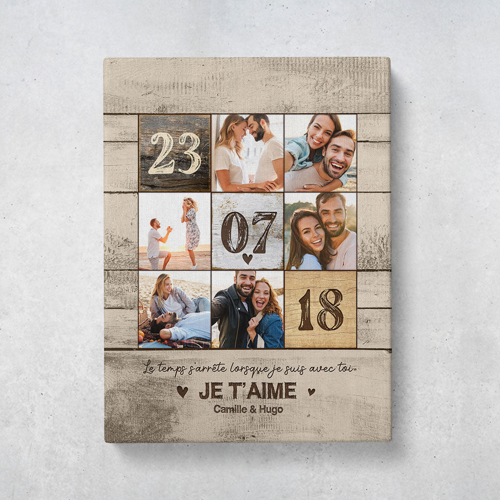 Tableau personnalisé photo couple, date rencontre, mariage, prénoms, bois