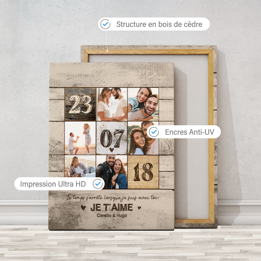 Tableau personnalisé photo couple, date rencontre, mariage, prénoms, bois