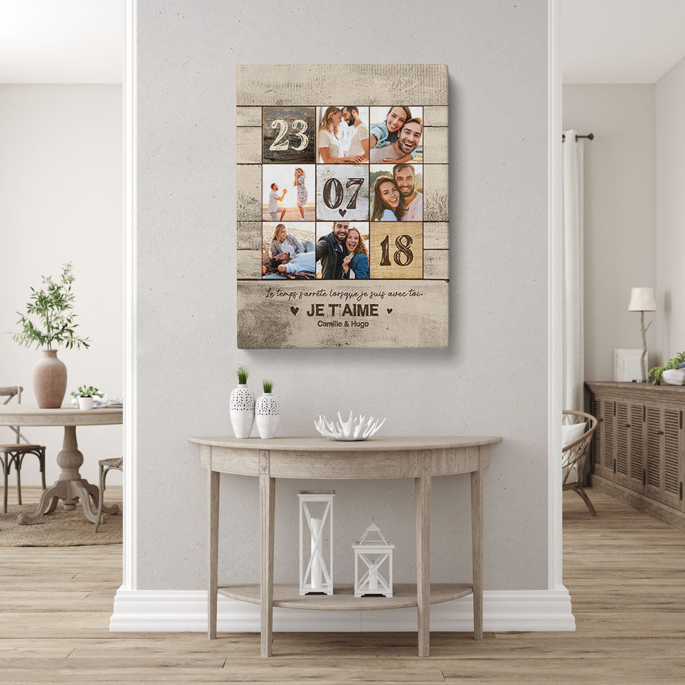 Tableau personnalisé photo couple, date rencontre, mariage, prénoms, bois