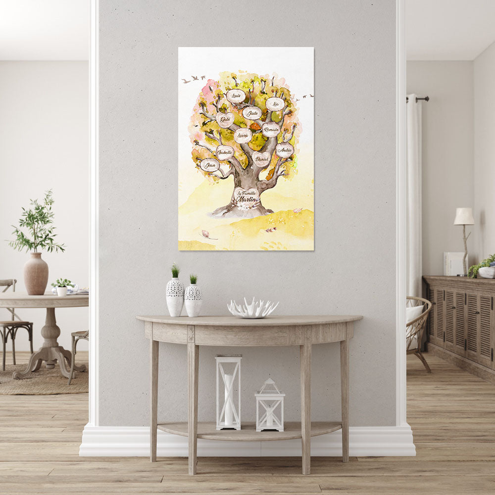 Affiche personnalisée famille, Prénom, Arbre de vie, Chêne Aquarelle Jaune