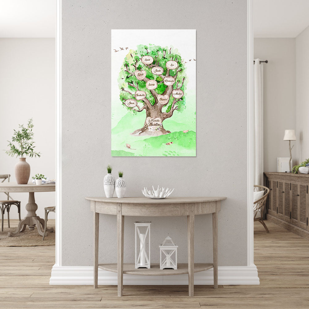 Affiche personnalisée famille, Prénom, Arbre de vie, Chêne Aquarelle Vert