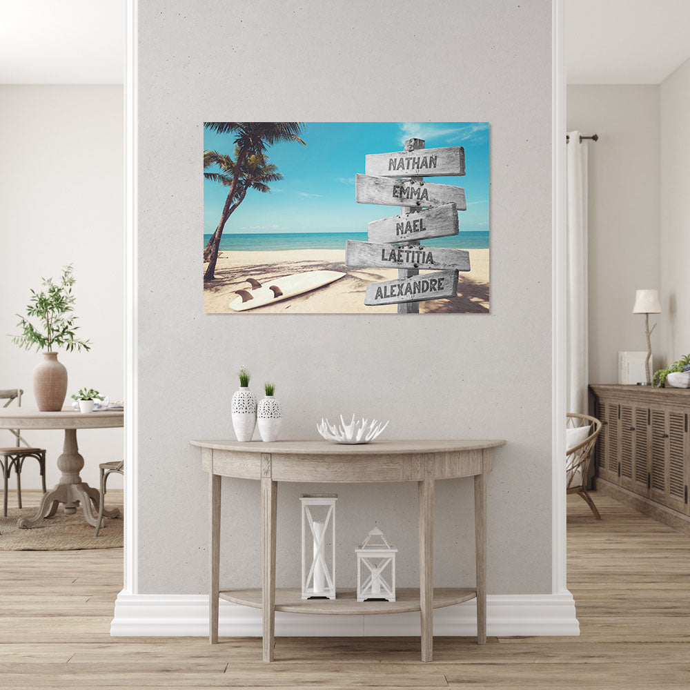 Affiche personnalisée famille, Panneaux prénom, Plage Surf
