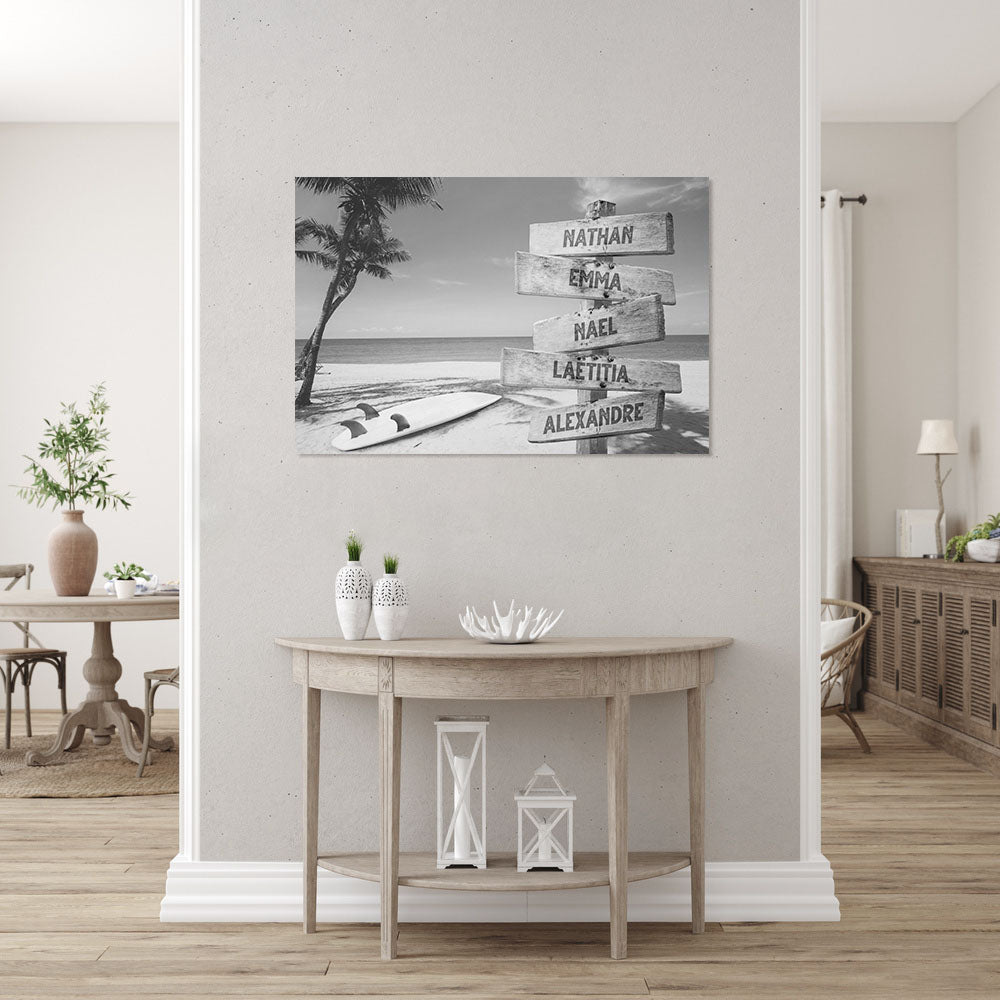 Affiche personnalisée famille, Panneaux prénom, Plage Surf noir et blanc