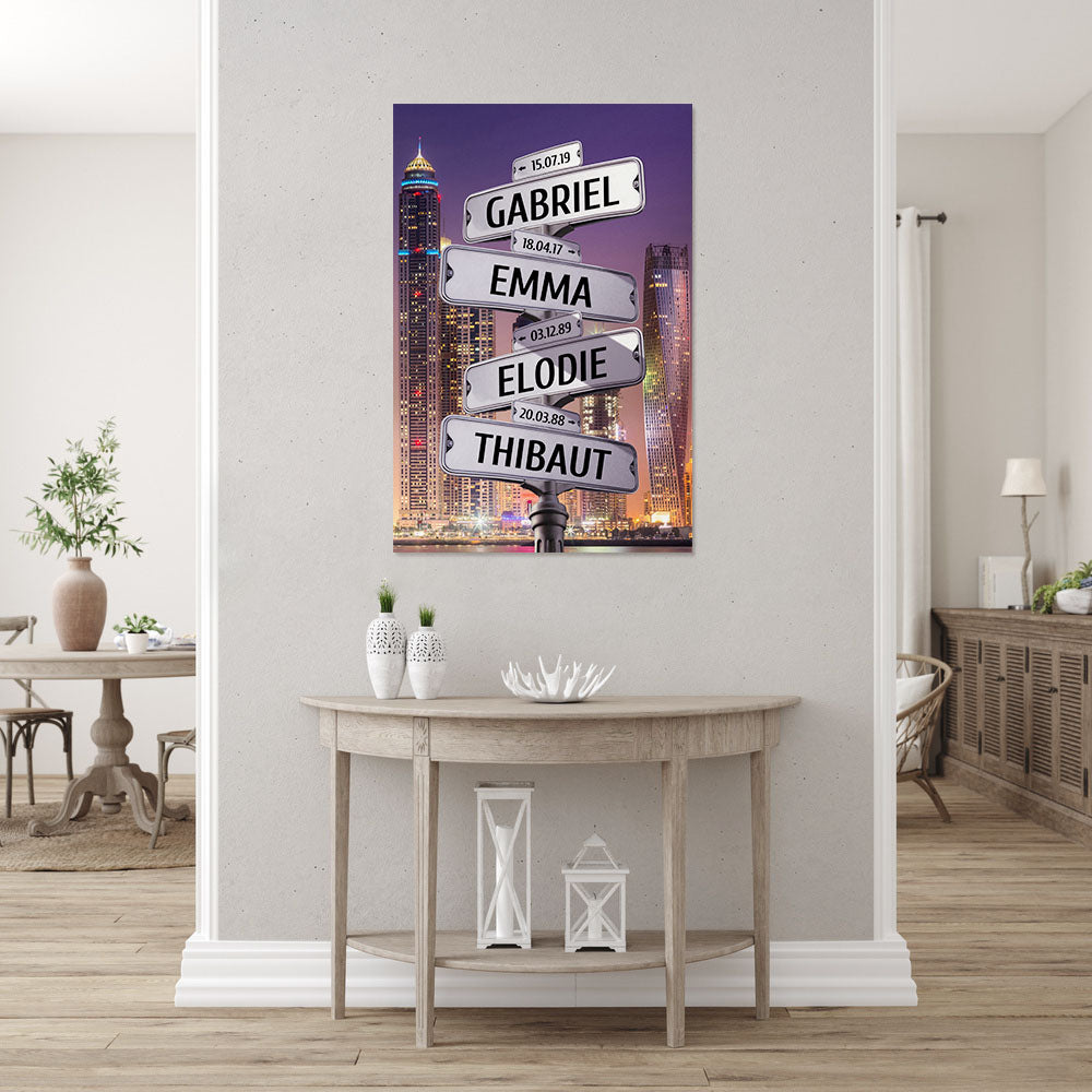 Affiche personnalisée famille, Panneaux prénom, Dubaï nuit