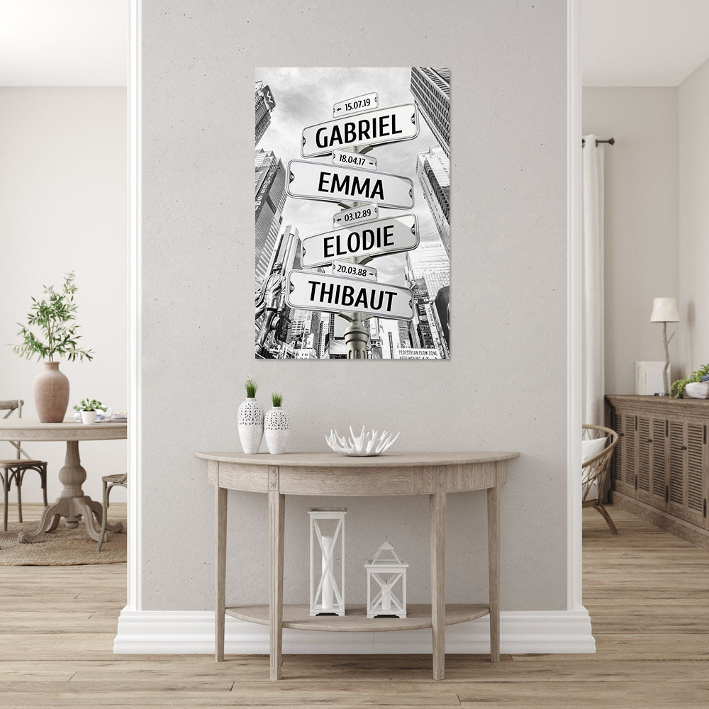Affiche personnalisée famille, Panneaux prénom, New York Time Square noir et blanc