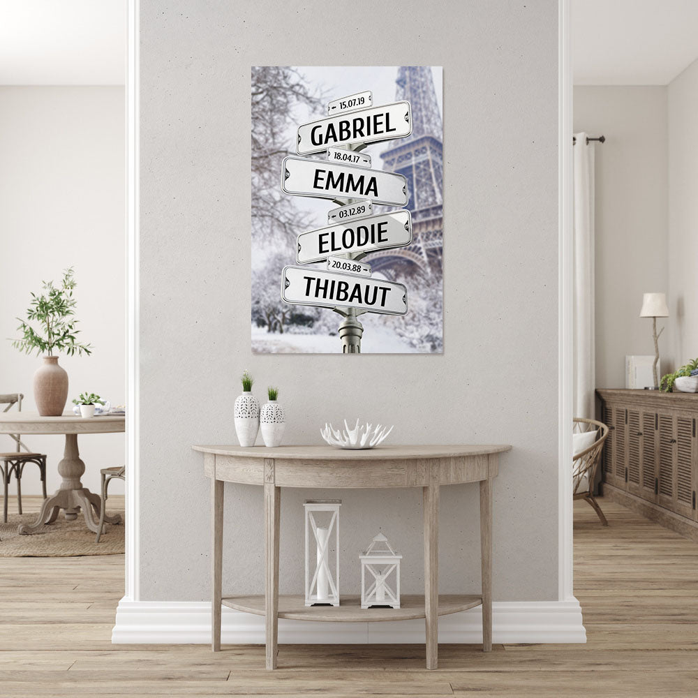 Affiche personnalisée famille, Panneaux prénom, Paris Tour Eiffel Neige