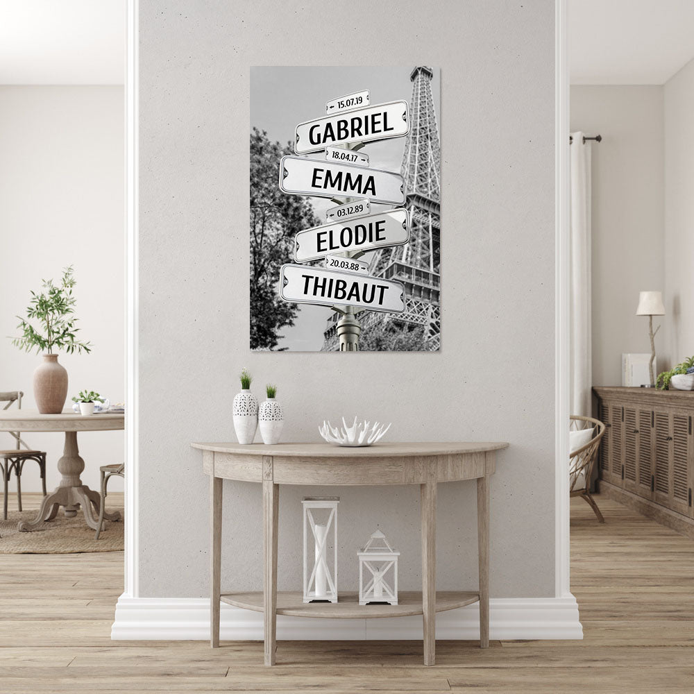 Affiche personnalisée famille, Panneaux prénom, Paris Tour Eiffel noir et blanc