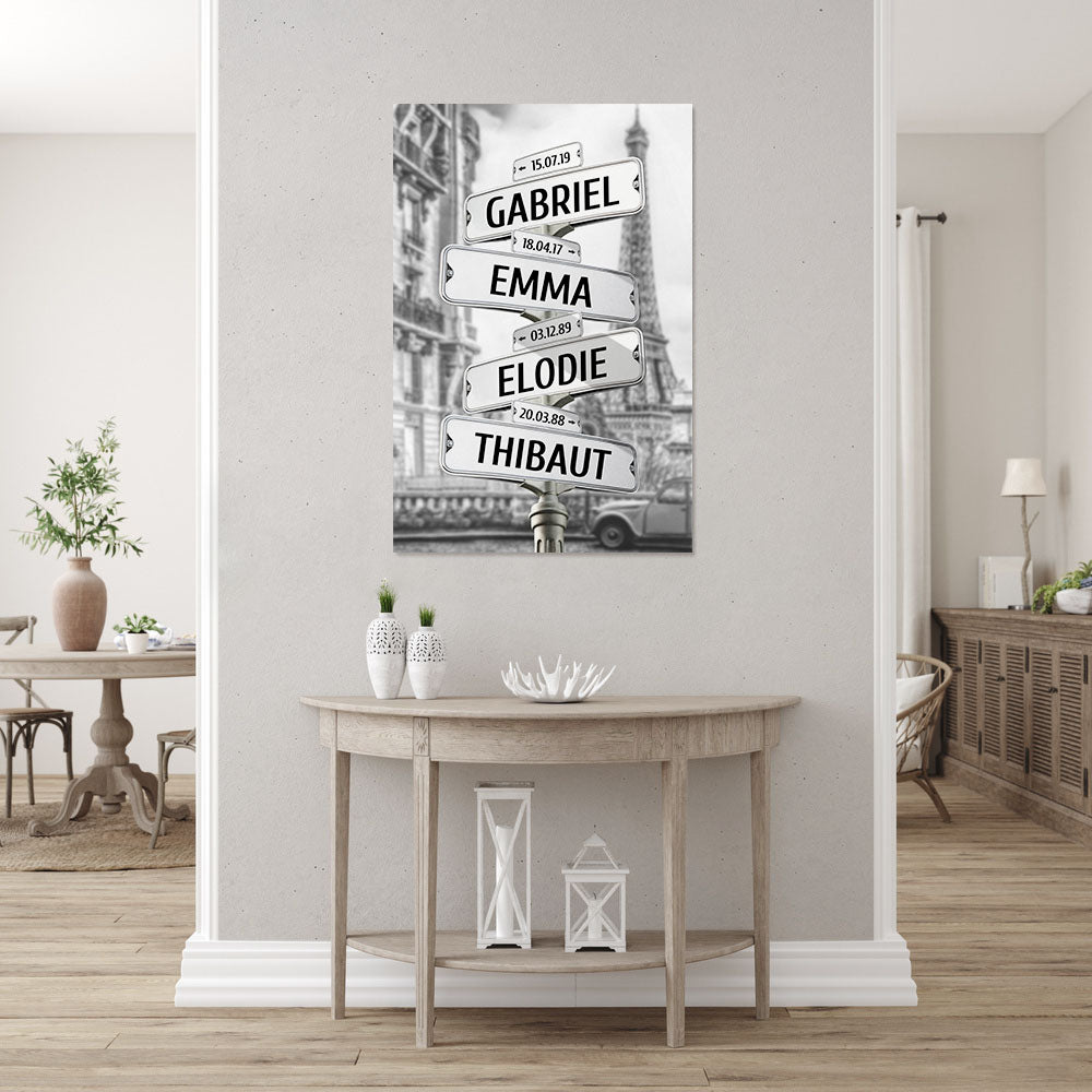 Affiche personnalisée famille, Panneaux prénom, Vieux Paris Tour Eiffel noir et blanc