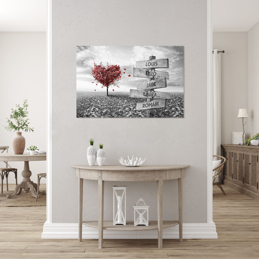 Affiche personnalisée famille, prénom panneaux, Arbre cœur Rouge