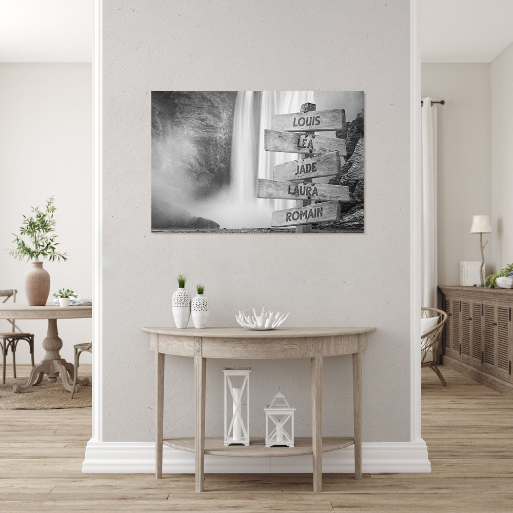 Affiche personnalisée famille, Panneaux prénom, Cascade noir et blanc