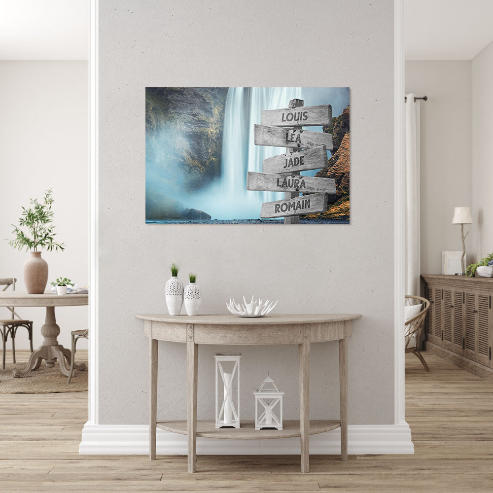 Affiche personnalisée famille, Panneaux prénom, Cascade montagne