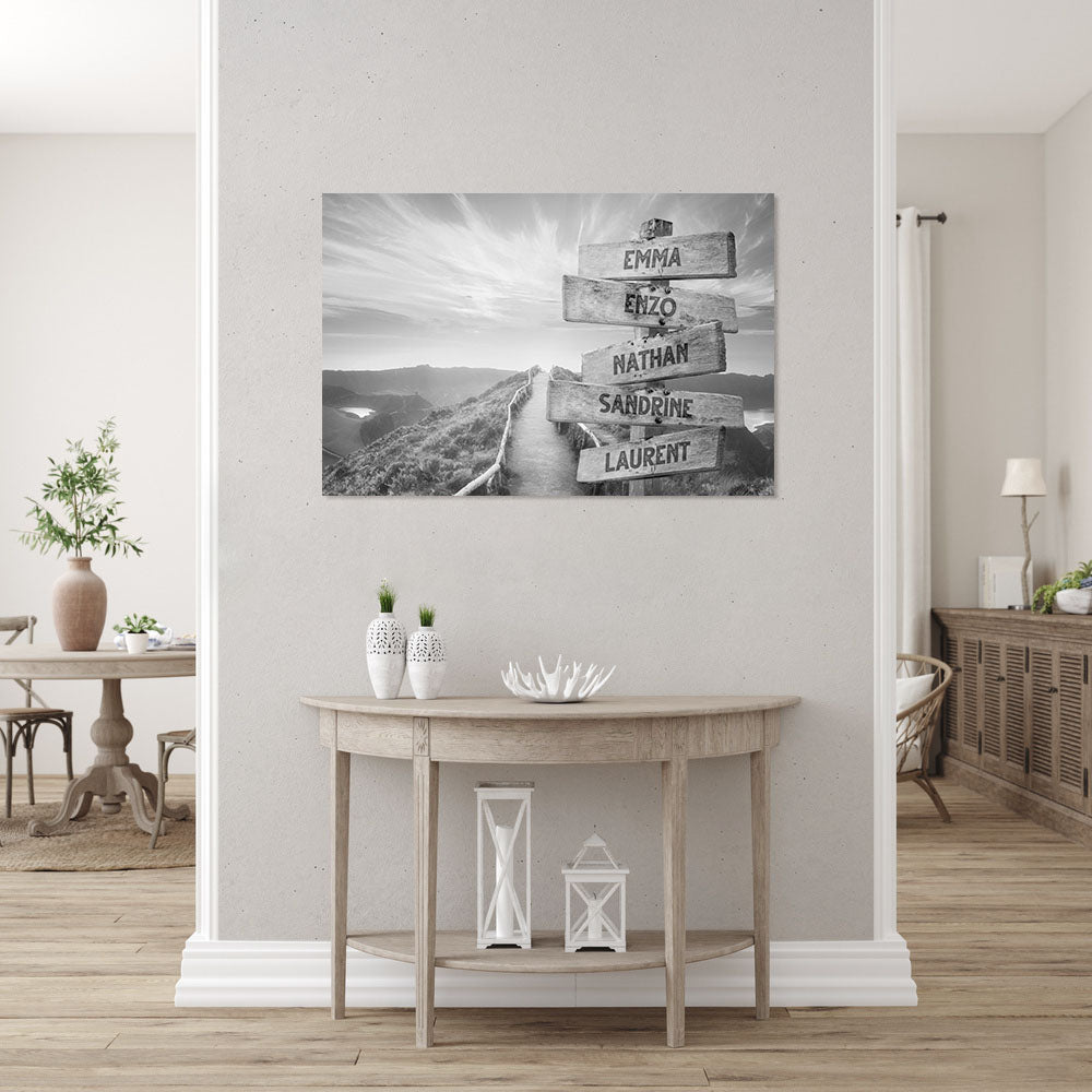 Affiche personnalisée famille, Panneaux prénom, Montagne Coucher de Soleil noir et blanc