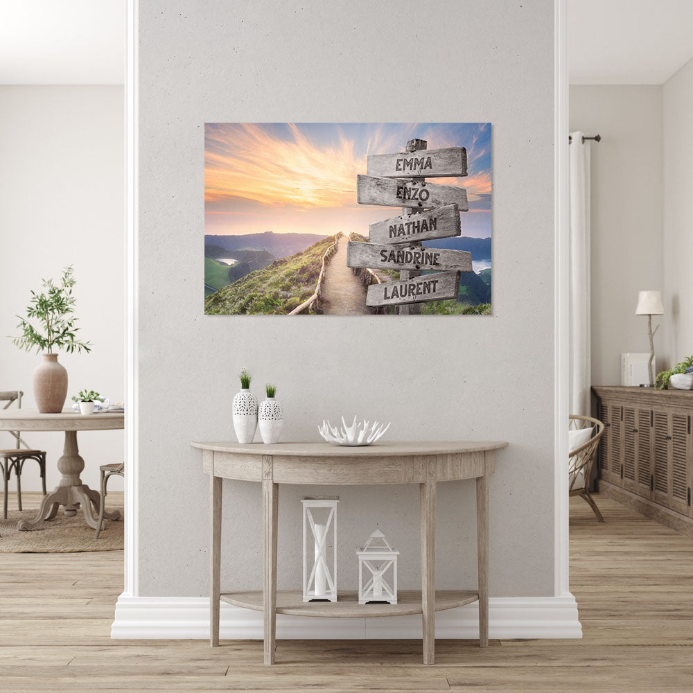 Affiche personnalisée famille, Panneaux prénom, Montagne Coucher de Soleil