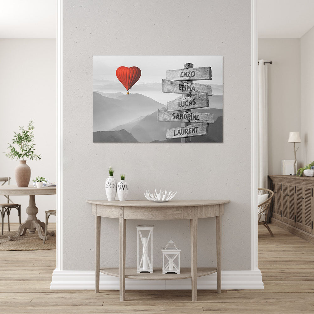 Affiche personnalisée famille, Panneaux prénom, Montgolfière Cœur
