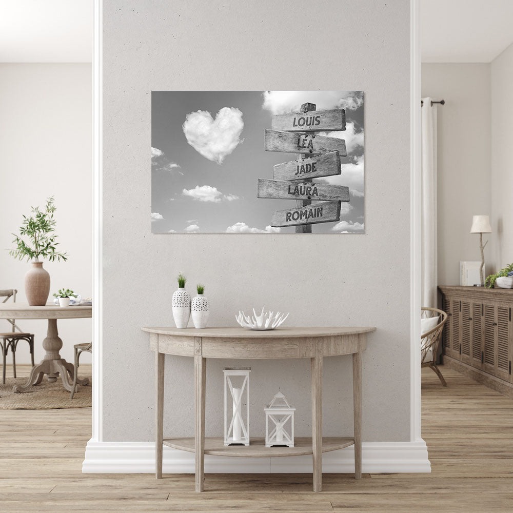 Affiche personnalisée famille, Panneaux prénom, Nuages Cœur noir et blanc