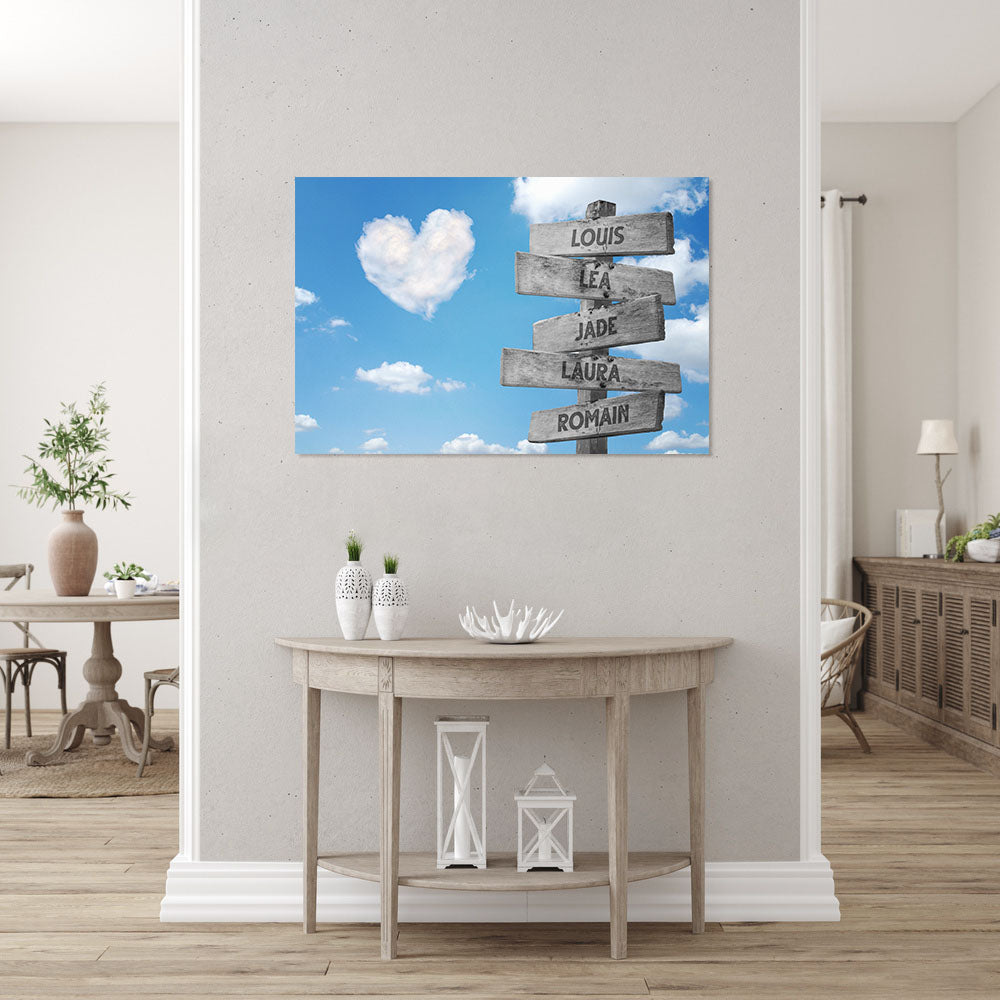 Affiche personnalisée famille, Panneaux prénom, Nuages Cœur