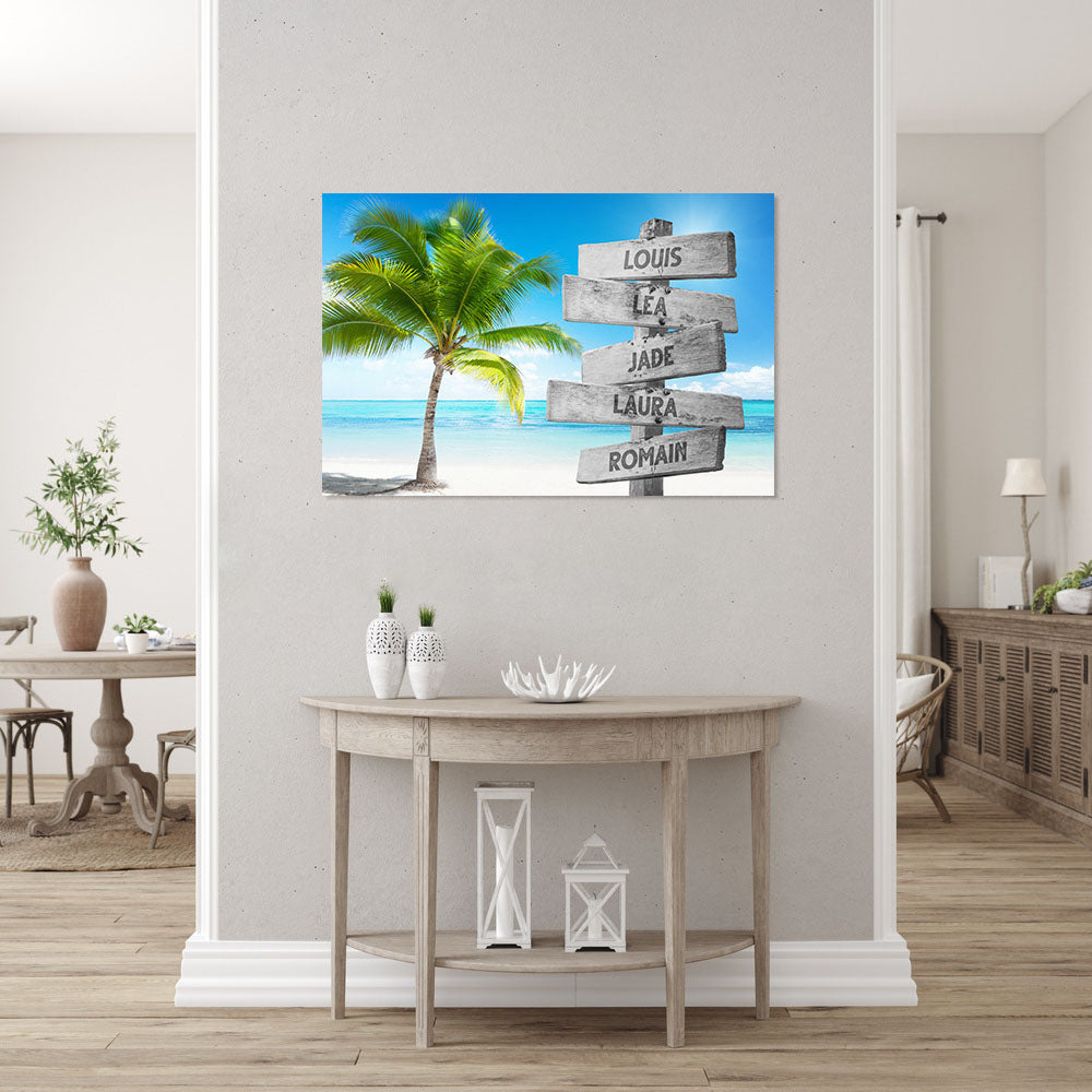 Affiche personnalisée famille, Panneaux prénom, plage cocotier couleur