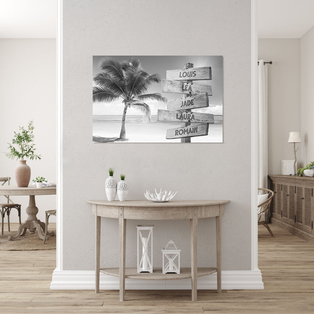 Affiche personnalisée famille, Panneaux prénom, plage cocotier