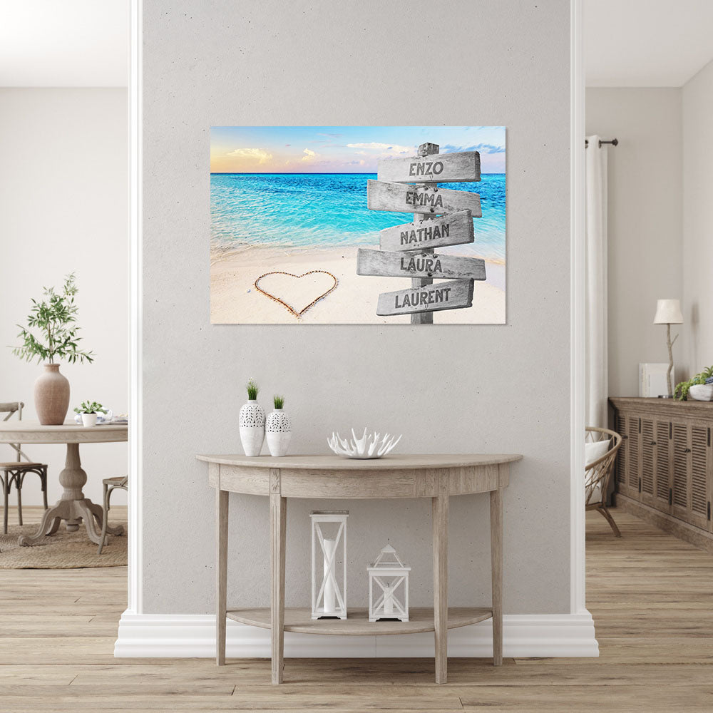 Affiche personnalisée famille, Panneaux prénom, Plage Cœur