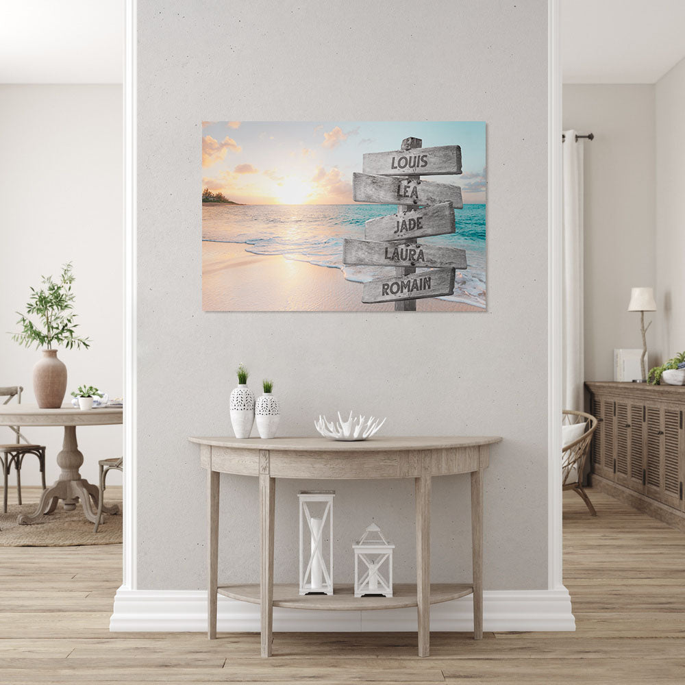 Affiche personnalisée famille, Panneaux prénom, soleil plage couleur