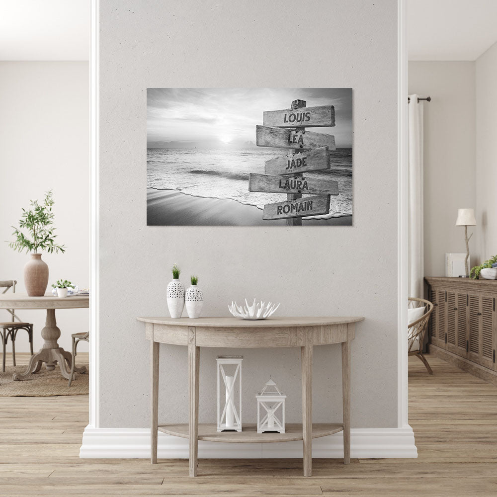 Affiche personnalisée famille, Panneaux prénom, coucher de soleil plage