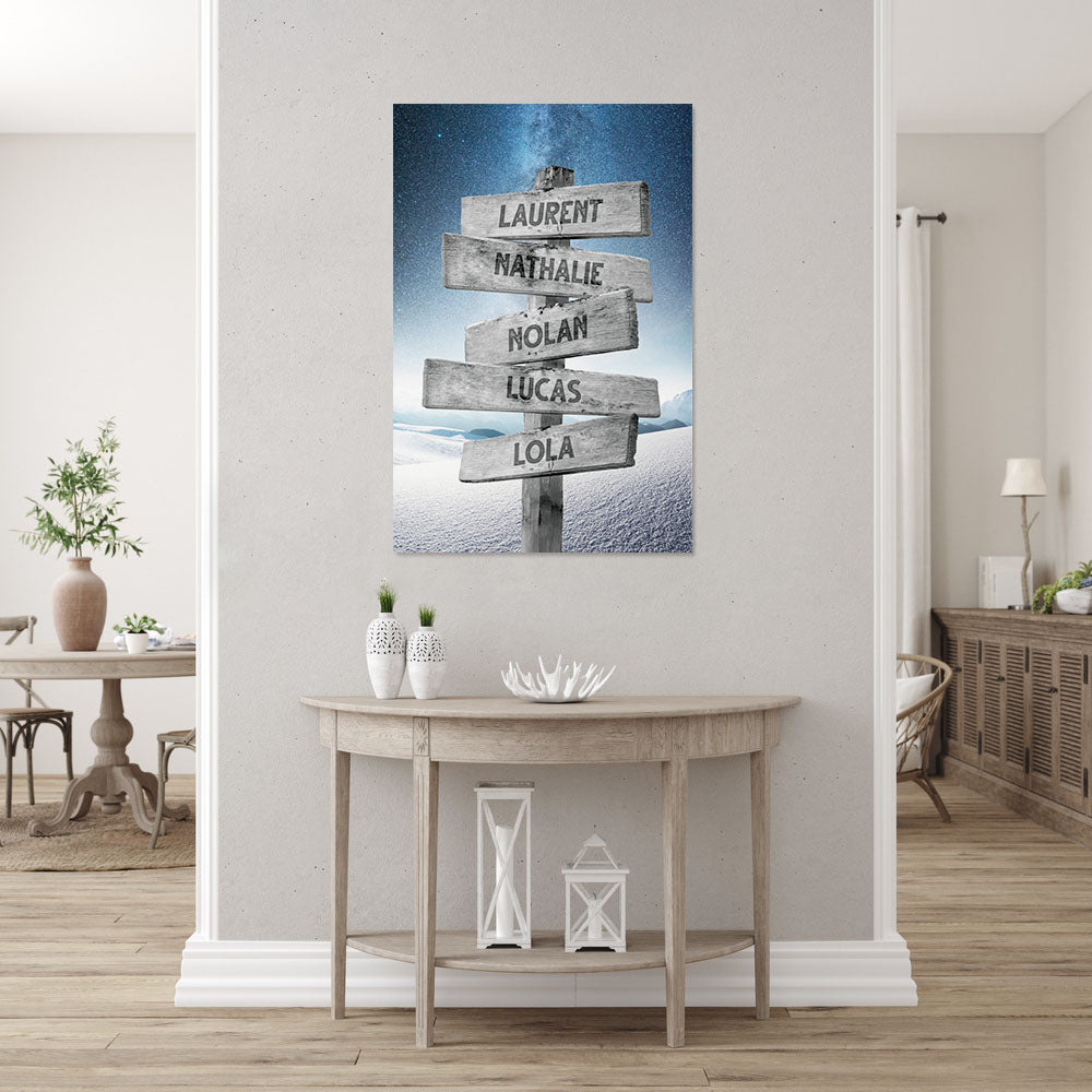 Affiche personnalisée famille, Panneaux prénom, Neige nuit étoilée