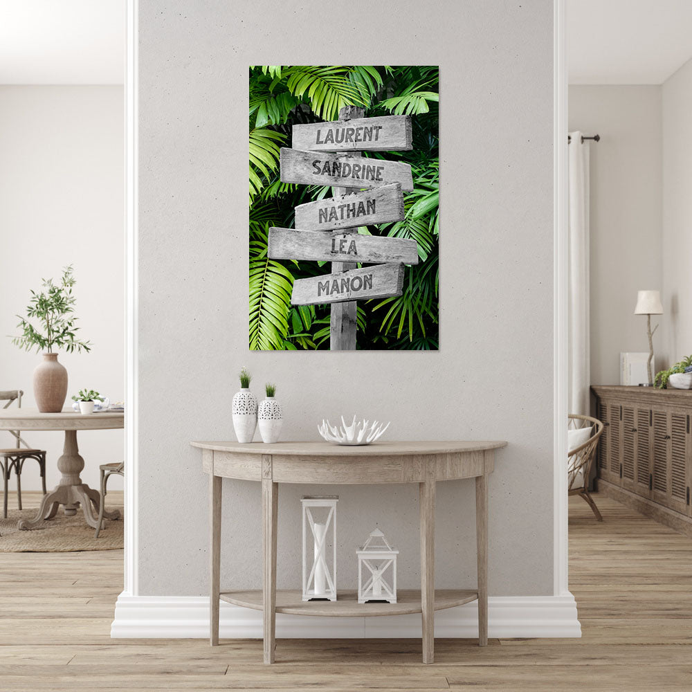 Affiche personnalisée famille, Panneaux prénom, Feuilles Forêt Tropicale