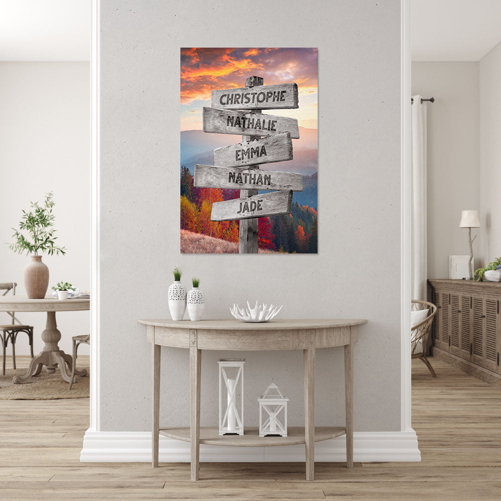 Affiche personnalisée famille, Panneaux prénom, Montagne Coucher Soleil