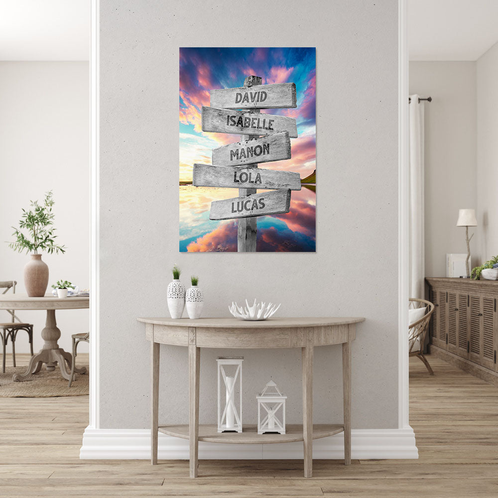 Affiche personnalisée famille, Panneaux prénom, Reflet Coucher Soleil Lac