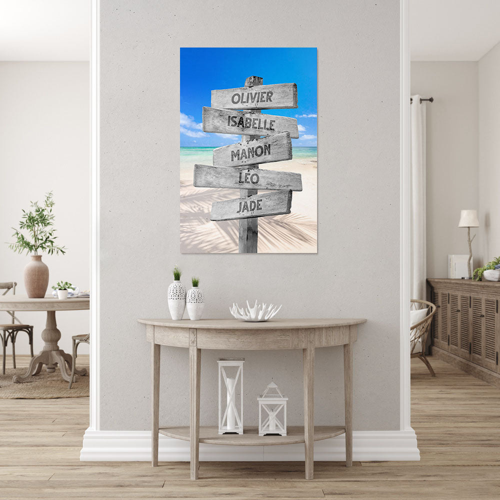Affiche personnalisée famille, Panneaux prénom, Plage Sable Cocotier