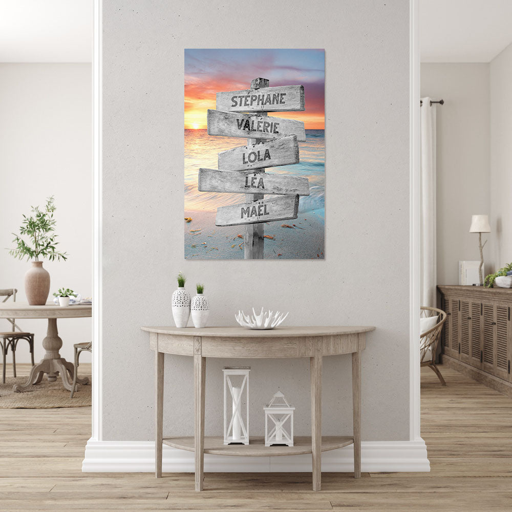 Affiche personnalisée famille, Panneaux prénom, Plage Coucher de Soleil