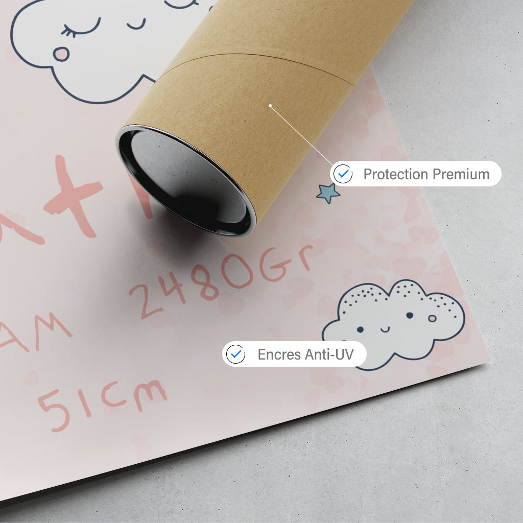 Affiche naissance personnalisée, Arc en ciel et nuages Fille