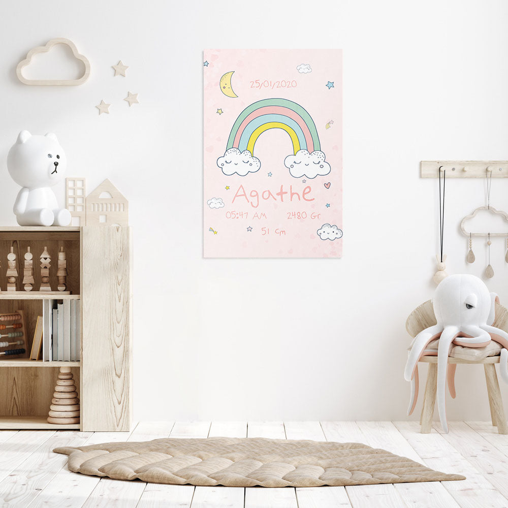 Affiche naissance personnalisée, Arc en ciel et nuages Fille